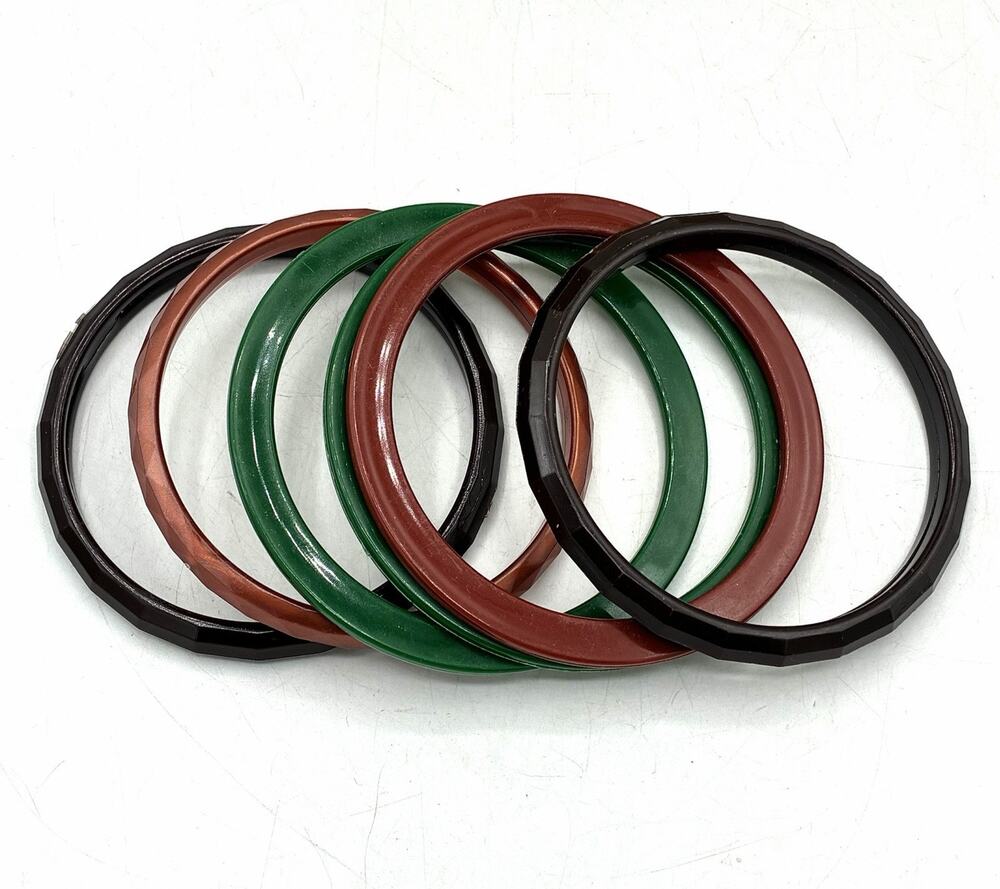 Lot Vintage Plastic Bangle Bracelets Green Brown Rust Faceted Retro